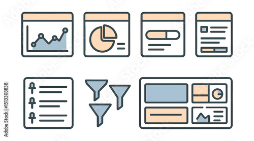 Outline with Fill vector icons of project dashboards: analytics graph, pie chart, progress bar, report panel, pinned tasks, filters, overview screen, widgets.