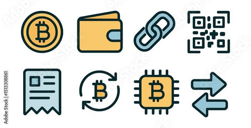 Outline with Fill vector icons of crypto payments for freelancers: crypto coin, wallet icon, blockchain link, QR code, digital receipt, exchange icon, bitcoin chip, transfer arrows.