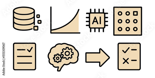 Outline with Fill style icons of machine learning process: training data, learning curve, AI chip, data pattern, model selection, brain + gears, prediction arrow, test result.