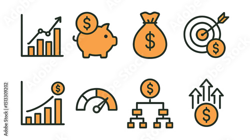 Outline with Fill vector icons of investment visuals: stock chart, piggy bank, coin bag, financial goal, graph with dollar, risk meter, dividend icon, funding arrows.