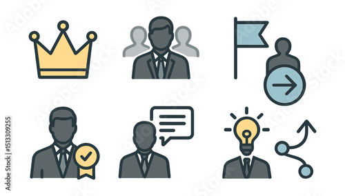 Outline with Fill vector icons of leadership roles: crown icon, leader figure, vision flag, direction arrow, mentor badge, management speech, lightbulb lead, pathfinder.