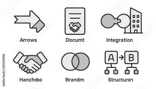 Outline with Fill vector icons of business mergers: join arrows, deal document, integration icon, dual buildings, partner hands, brand merge, structure shift, logo fusion.