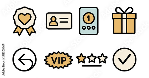 Outline with Fill vector icons of loyalty programs: heart badge, member card, points tracker, reward gift, return icon, VIP label, stars level, renewal check.