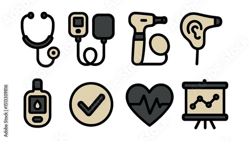 Outline with Fill icon set for health checkup: stethoscope, blood pressure monitor, eye chart, ear scope, glucose test, check mark, wellness chart, heartbeat icon.