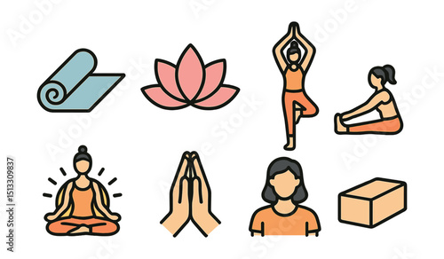 Outline with Fill icon set for yoga lifestyle: yoga mat, lotus icon, tree pose, stretch line, sunrise behind pose, hands in prayer, yoga instructor, balance block.
