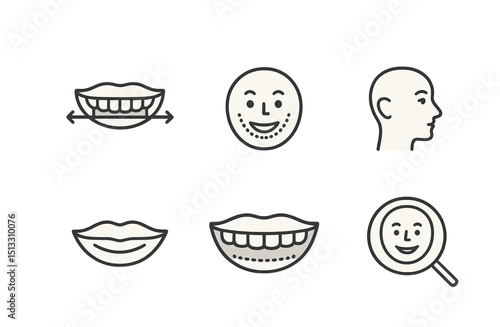 Outline with Fill style icons of patient smile analysis: smile symmetry tool, incisal curve trace, midline check, facial profile icon, lip mobility, gingival display, smile grid, aesthetic analyzer.