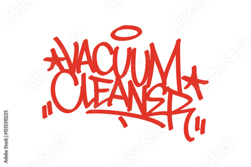 Vacuum cleaner graffiti tag in bold red lettering on transparent background. Urban street art style, perfect for home appliances, cleaning, and creative graffiti projects with strong urban vibes.