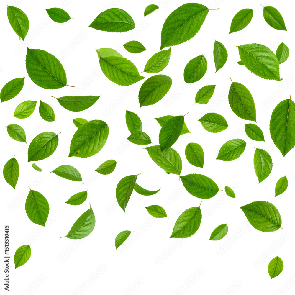 Scattered Green Leaves in Natural Wind-Blown Pattern, isolated on a transparent background png Scattered Green Leaves in Natural Wind-Blown Pattern, isolated on a transparent background png