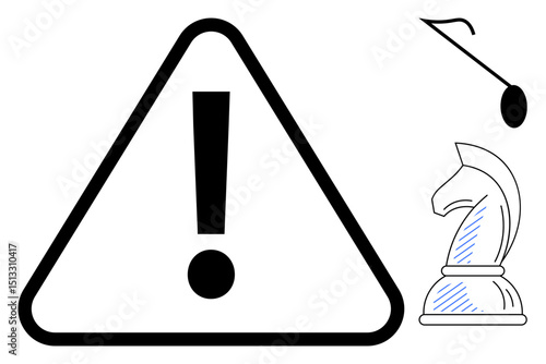 Bold triangular warning sign with exclamation mark, chess knight symbolizing strategy, and outline of a wrench indicating tools or adjustments. Ideal for caution, strategy, planning, tools