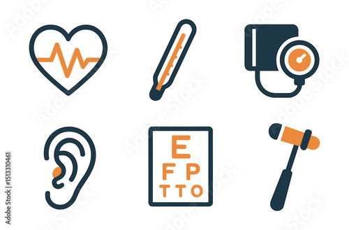 Two-Color vector icons of health check: heart monitor, thermometer, blood pressure cuff, vision test. Health metrics, annual checkup, hearing icon, reflex hammer.