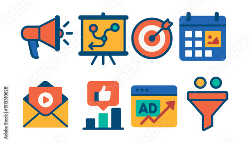 Flat vector icons of marketing tools: megaphone, campaign board, target icon, content calendar, email marketing, social media growth, ad performance, marketing funnel.