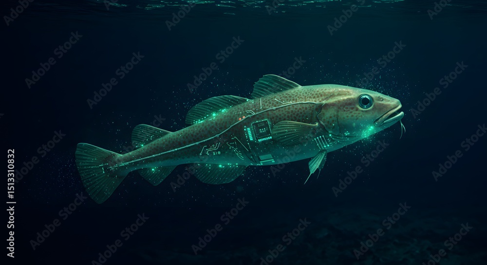 Fototapeta premium Bio-Integrated Cod: A Futuristic Vision of Aquatic Technology