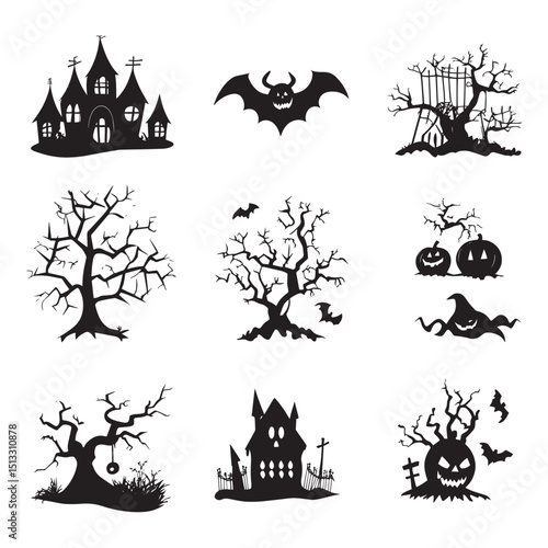 Spooky halloween silhouettes haunted house bats trees pumpkins
