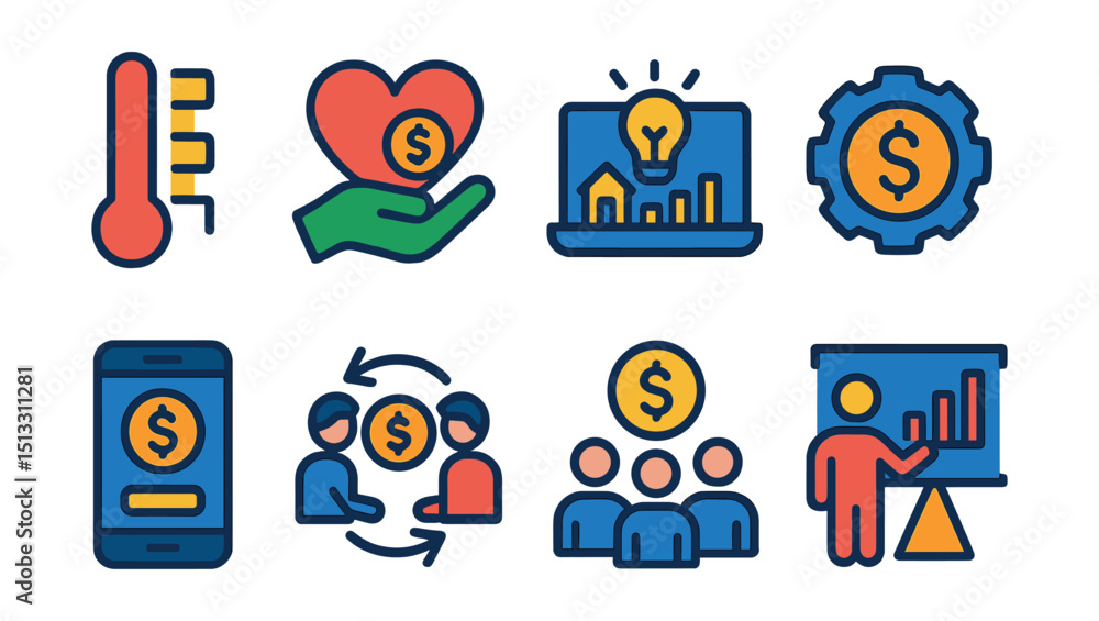 Flat vector icons of crowdfunding and fintech: fundraising bar, donation heart, crowdfunding platform, equity token, fintech app, peer-to-peer lending, investor pool, startup pitch. Flat vector icons of crowdfunding and fintech: fundraising bar, donation heart, crowdfunding platform, equity token, fintech app, peer-to-peer lending, investor pool, startup pitch.