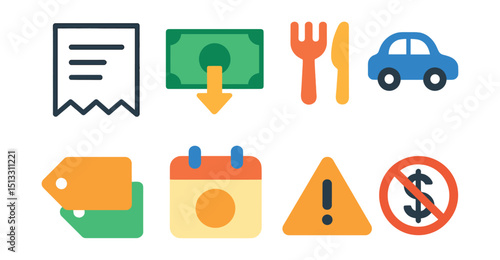 Flat vector icons of expense tracking: receipt icon, cash outflow, expense bar, food and transport icons, expense category tags, daily spend, warning alert, over budget symbol.