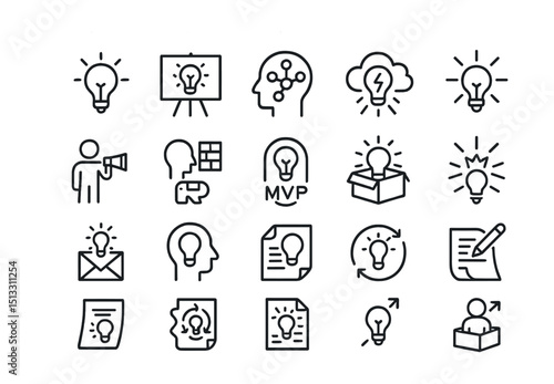 Line style icons of innovative business ideas and sparks: lightbulb icon, idea board, mind map, brainstorm cloud, innovation spark, idea pitch, creative block, MVP concept, product idea, breakthrough