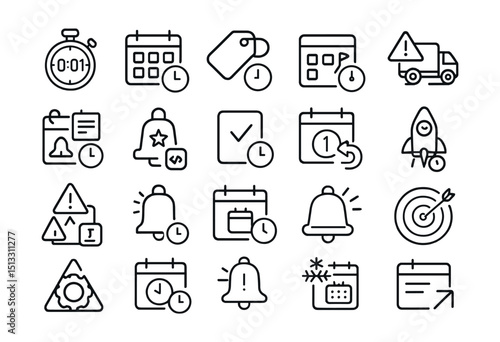 Line style icons of deadlines and release tracking: release countdown, sprint deadline, overdue tag, milestone date, delivery alert, schedule bell, feature lock, task due icon, calendar push, time to