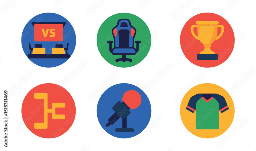 Flat vector icons of esports gaming (in circles): esports stage, gaming chair, team jersey, esports trophy, match bracket, shoutcaster mic, sponsor logo, live scoreboard. Flat vector icons of esports gaming (in circles): esports stage, gaming chair, team jersey, esports trophy, match bracket, shoutcaster mic, sponsor logo, live scoreboard.