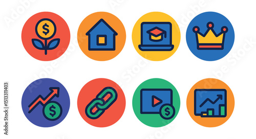 Flat vector icons of passive income streams (in circles): dividend icon, real estate income, course sale, royalty icon, stock yield, affiliate link, content monetization, income graph.