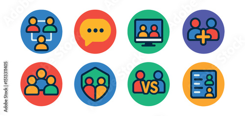 Flat vector icons of multiplayer gaming (in circles): players connected, chat icon, online room, co-op icon, team avatar, squad match, PVP icon, friends list.