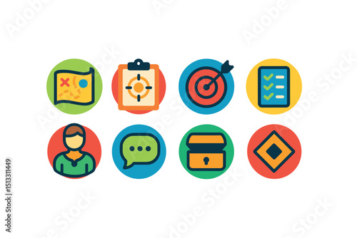Flat vector icons of quests and missions (in circles): quest map, mission brief, objective icon, task checklist, NPC icon, dialogue bubble, treasure icon, side quest symbol.