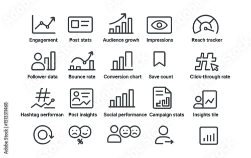 Line style icons of data and engagement metrics: engagement graph, post stats, audience growth, impressions icon, reach tracker, follower data, bounce rate, conversion chart, save count,