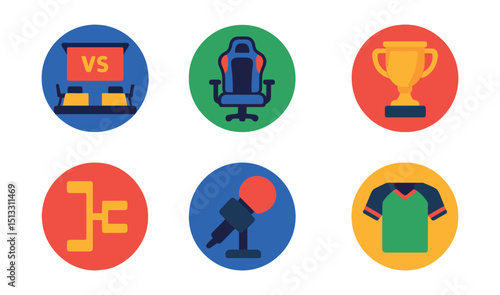 Flat vector icons of esports gaming (in circles): esports stage, gaming chair, team jersey, esports trophy, match bracket, shoutcaster mic, sponsor logo, live scoreboard.