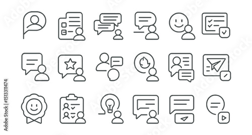 Line style icons of user feedback and community insight: feedback icon, user poll, comment thread, emoji response, story vote, opinion card, review icon, user reply, reaction tag, form icon,