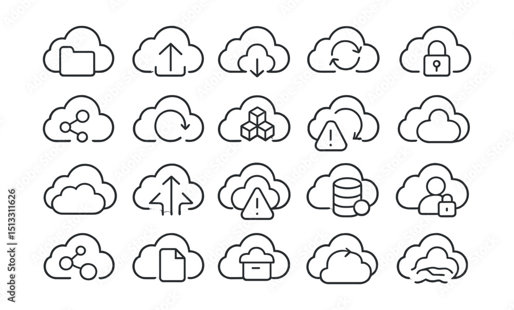 Line style icons of cloud storage and infrastructure: cloud folder, cloud upload, cloud download, cloud sync, encrypted storage, shared drive, backup in cloud, distributed storage, file versioning, Line style icons of cloud storage and infrastructure: cloud folder, cloud upload, cloud download, cloud sync, encrypted storage, shared drive, backup in cloud, distributed storage, file versioning,