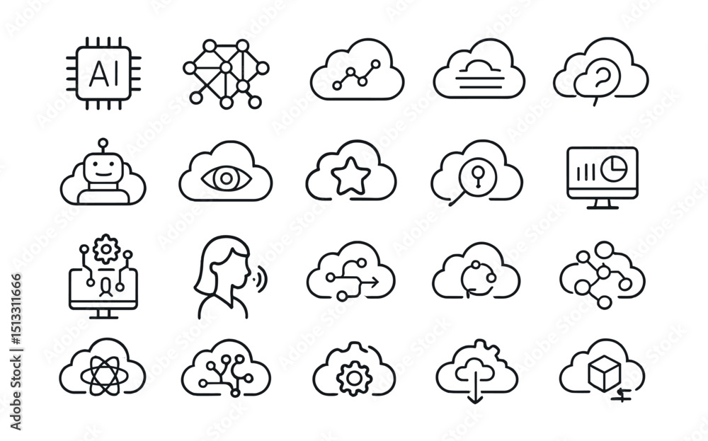 Line style icons of AI and smart services in cloud: AI engine, machine learning model, predictive analytics, natural language engine, voice recognition cloud, AI chatbot, vision API icon, Line style icons of AI and smart services in cloud: AI engine, machine learning model, predictive analytics, natural language engine, voice recognition cloud, AI chatbot, vision API icon,