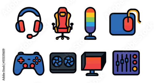 Flat vector icons of gaming accessories: headset, gaming chair, RGB lamp, mouse pad, grip controller, cooling pad, screen hood, audio mixer.