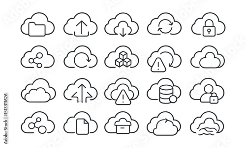 Line style icons of cloud storage and infrastructure: cloud folder, cloud upload, cloud download, cloud sync, encrypted storage, shared drive, backup in cloud, distributed storage, file versioning,