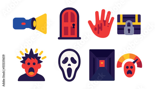 Flat vector icons of horror game assets: flashlight beam, creepy door, bloody handprint, locked box, jump scare icon, horror mask, dark corridor, scream meter.
