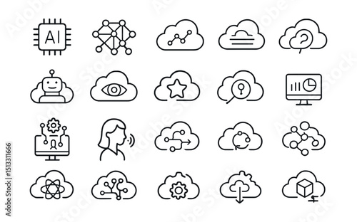 Line style icons of AI and smart services in cloud: AI engine, machine learning model, predictive analytics, natural language engine, voice recognition cloud, AI chatbot, vision API icon,