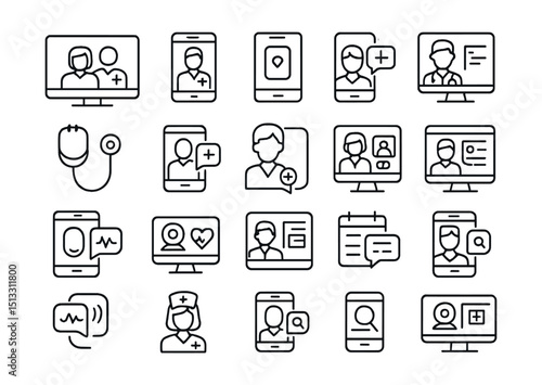 Line style icons of telemedicine and virtual healthcare: video consultation, online doctor, telehealth app, remote diagnosis, digital stethoscope, patient call, medical chat icon, virtual checkup,