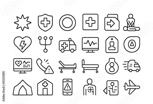 Line style icons of emergency care and urgent response: emergency icon, ambulance badge, emergency button, urgent care sign, CPR icon, AED tag, triage icon, first response unit, ER monitor, trauma