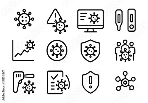 Line style icons of virus detection and infectious disease: virus cell icon, infection alert, outbreak dashboard, rapid test icon, viral load chart, positive test badge, pathogen icon, containment