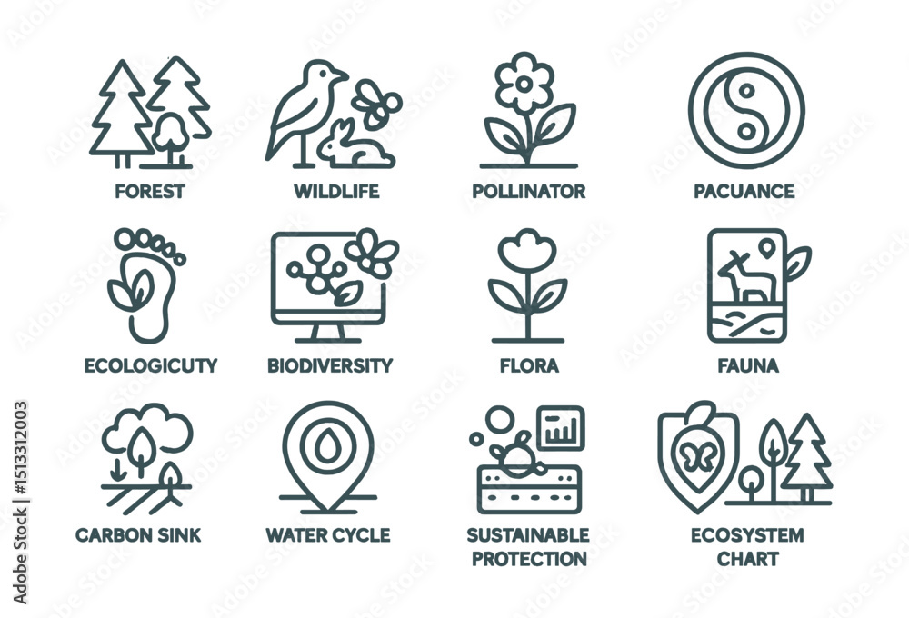 Line style icons of ecosystems and biodiversity in energy: forest icon, wildlife habitat, pollinator garden, natural balance badge, ecological footprint, biodiversity dashboard, flora icon, fauna Line style icons of ecosystems and biodiversity in energy: forest icon, wildlife habitat, pollinator garden, natural balance badge, ecological footprint, biodiversity dashboard, flora icon, fauna