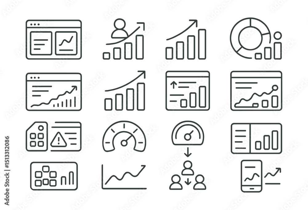 Fototapeta premium Line style icons of dashboards and analytics tools: dashboard tile, audience metrics icon, insight view chart, story stats ring, top post dashboard, growth tracker tile, post ranking icon, profile