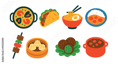Flat vector icons of international dishes: paella, tacos, ramen bowl, curry dish, kebab, dumplings, falafel, goulash.