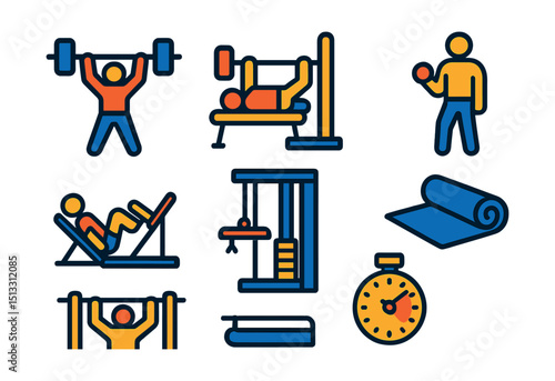 Flat vector icons of gym training: barbell lift, bench press, dumbbell curl, leg press, cable machine, gym mat, pull-up bar, training timer.