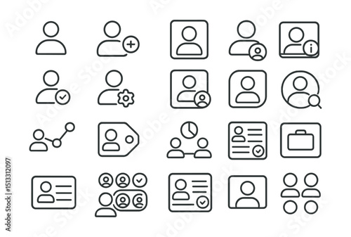 Line style icons of users and project roles: project user icon, role tag, team member tile, permission level icon, active user badge, profile settings card, assigned role badge, account info tile,
