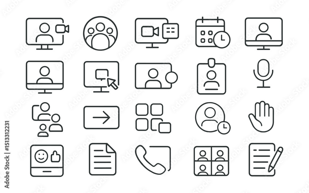 Line style icons of team meetings and video collaboration: video call icon, team sync badge, scheduled Zoom icon, camera + calendar tile, daily standup screen, speaker tile, shared screen tag, Line style icons of team meetings and video collaboration: video call icon, team sync badge, scheduled Zoom icon, camera + calendar tile, daily standup screen, speaker tile, shared screen tag,