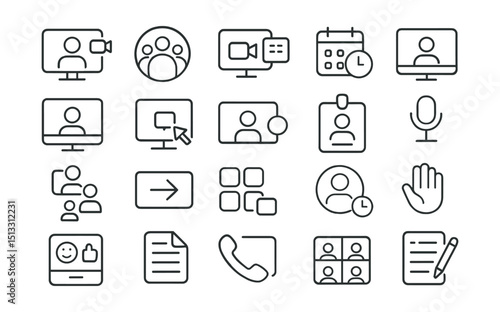 Line style icons of team meetings and video collaboration: video call icon, team sync badge, scheduled Zoom icon, camera + calendar tile, daily standup screen, speaker tile, shared screen tag,