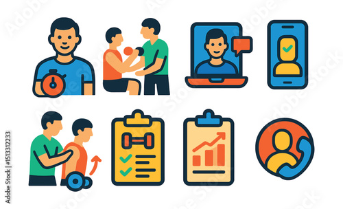Flat vector icons of fitness coaching: personal trainer, 1-on-1 session, virtual coach, trainer app, workout correction, fitness plan, progress notes, coaching call.