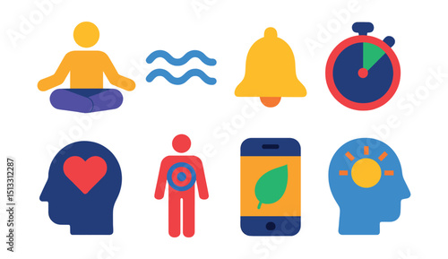 Flat vector icons of meditation and wellness: meditation pose, breathing wave, calming bell, focus timer, mindfulness icon, body scan, wellness app, mental clarity.