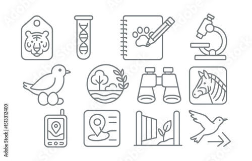 Line style icons of zoo conservation and research: endangered species tag, animal DNA sample, research notebook, zoo laboratory, breeding program icon, habitat restoration badge, field monitoring