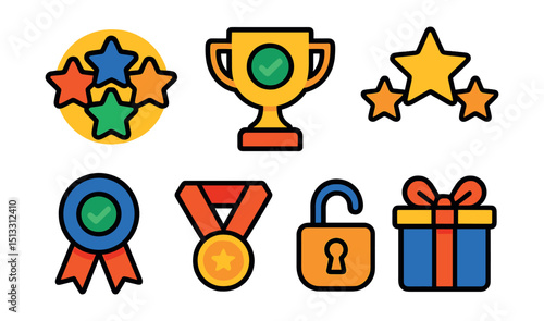 Flat vector icons of fitness rewards: badge collection, goal trophy, reward stars, gift for progress, completed challenge ribbon, virtual medal, unlocked icon, prize box.