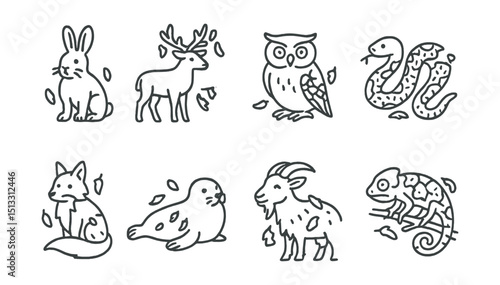 Line style icons of molting and coat changes: snow hare summer coat, deer shedding velvet, owl feather loss, snake shedding skin, duck molting, fox fur thickening, seal fur change, goat shedding