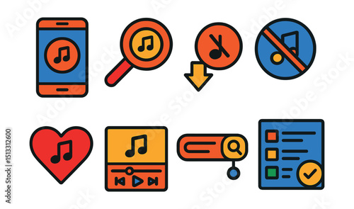 Flat vector icons of music apps: mobile music app, music discovery icon, offline mode, download music icon, favorite song, audio player UI, search track, playlist editor.